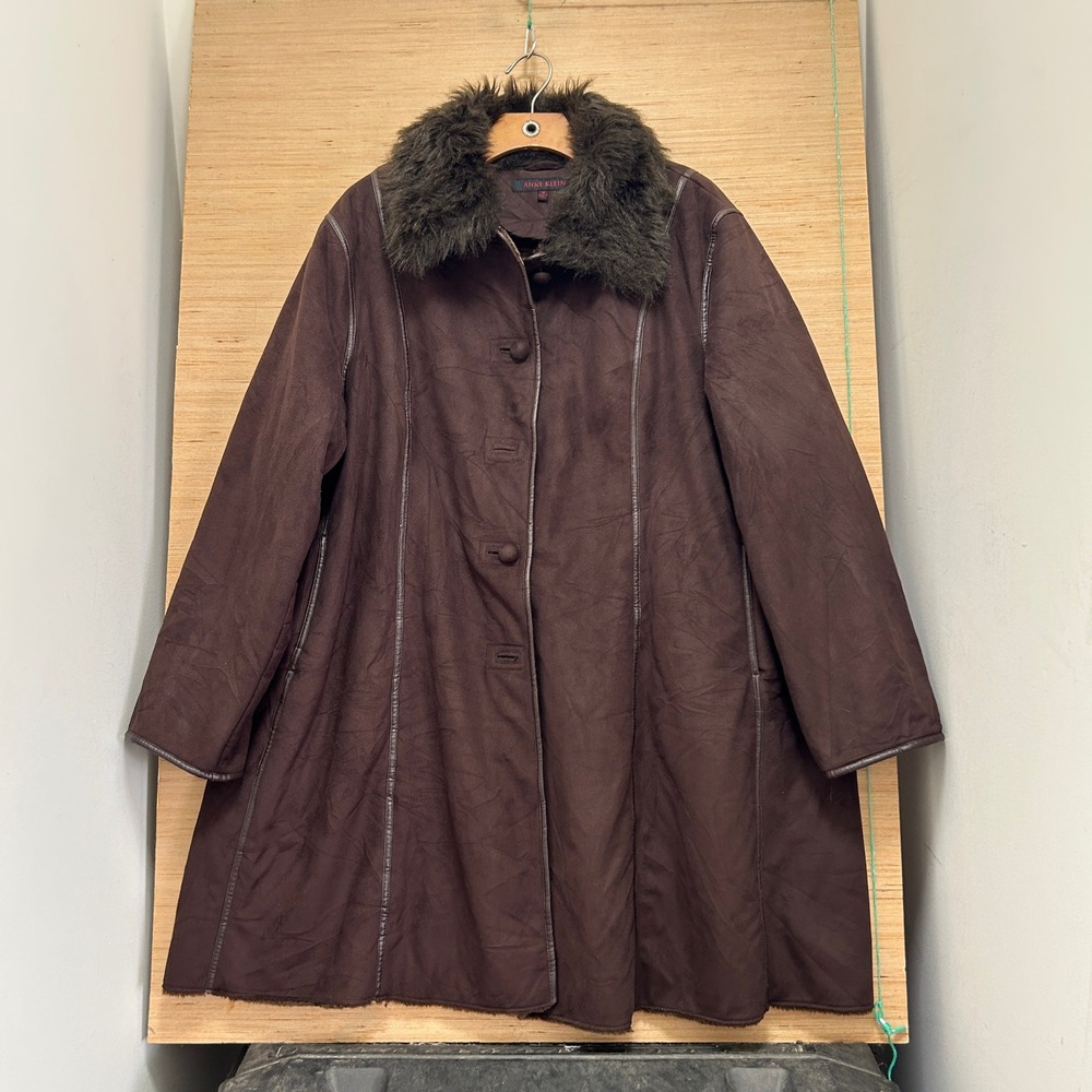 Anne Klein Brown Faux Suede Coat Faux Fur Collar Shearling Lined Plus Size 1X